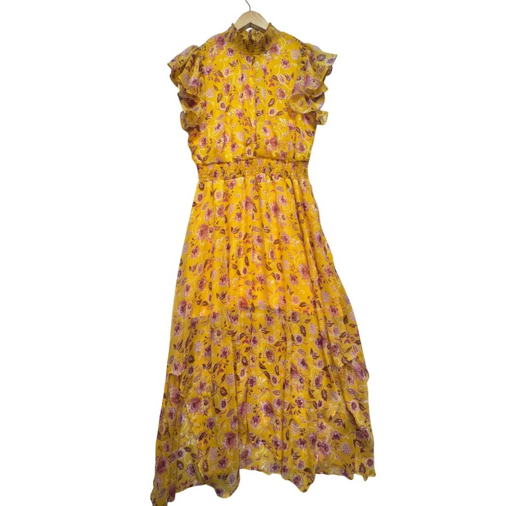 MSK Petite Womens Floral Cottagecore Maxi Dress Sz PXL Yellow Boho Smocked Beach